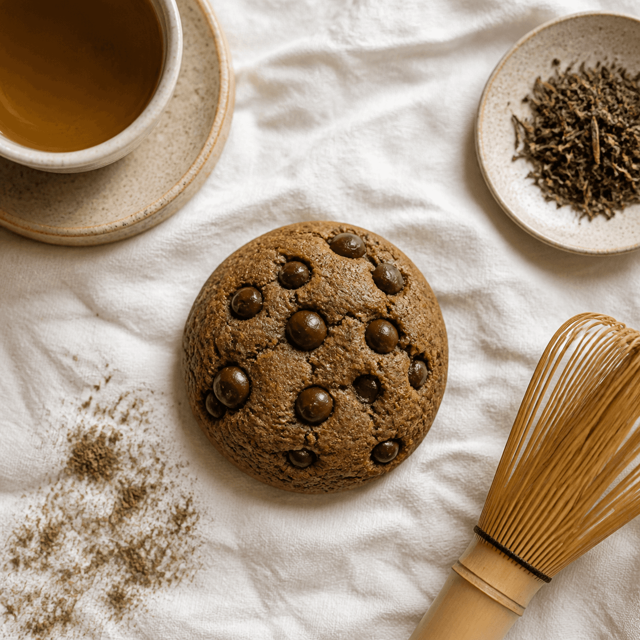 Hojicha chocolate chip cookie with tea and whisk